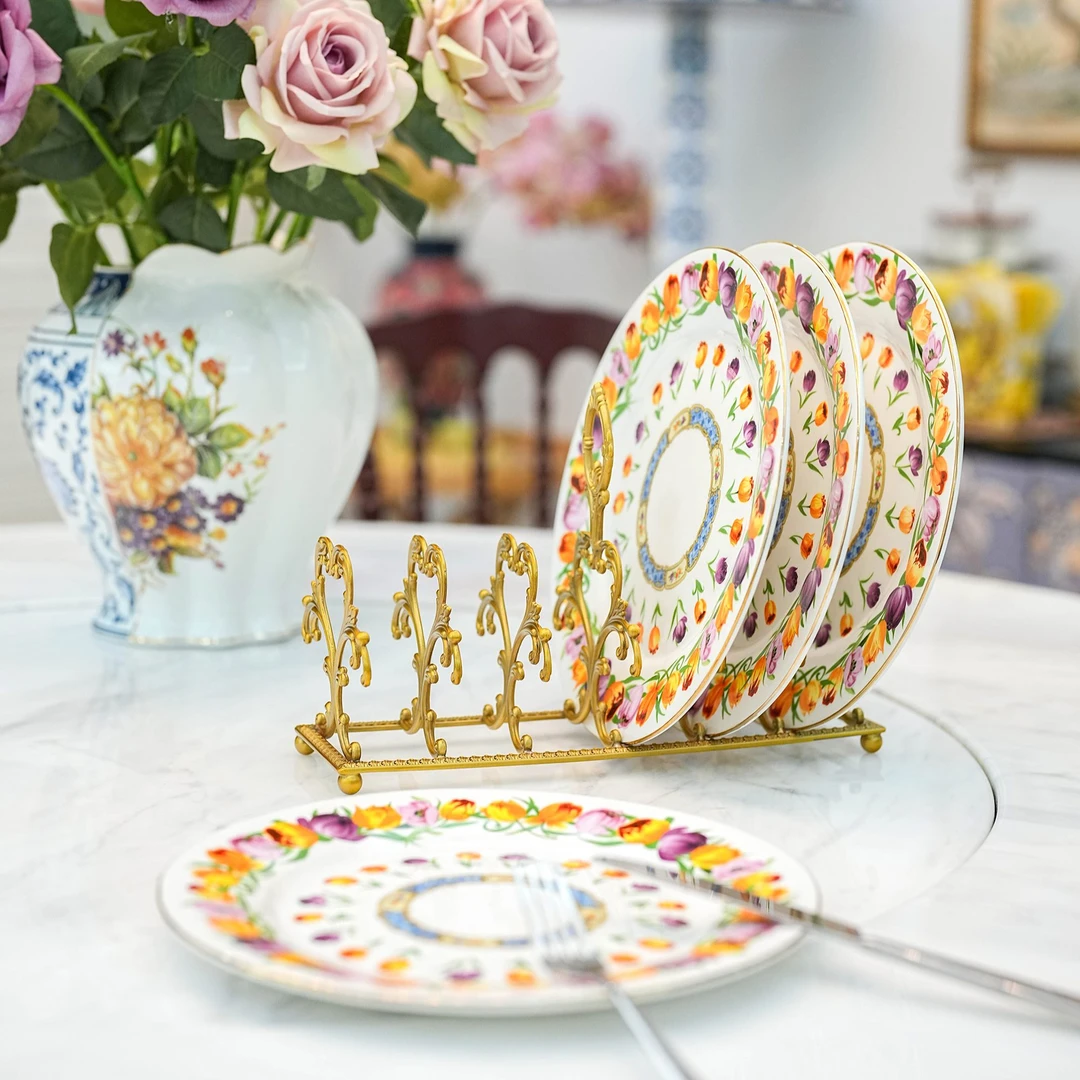 【奇居铜饰】轻奢黄铜雕花海浪纹餐盘收纳架家用餐盘摆件#GY