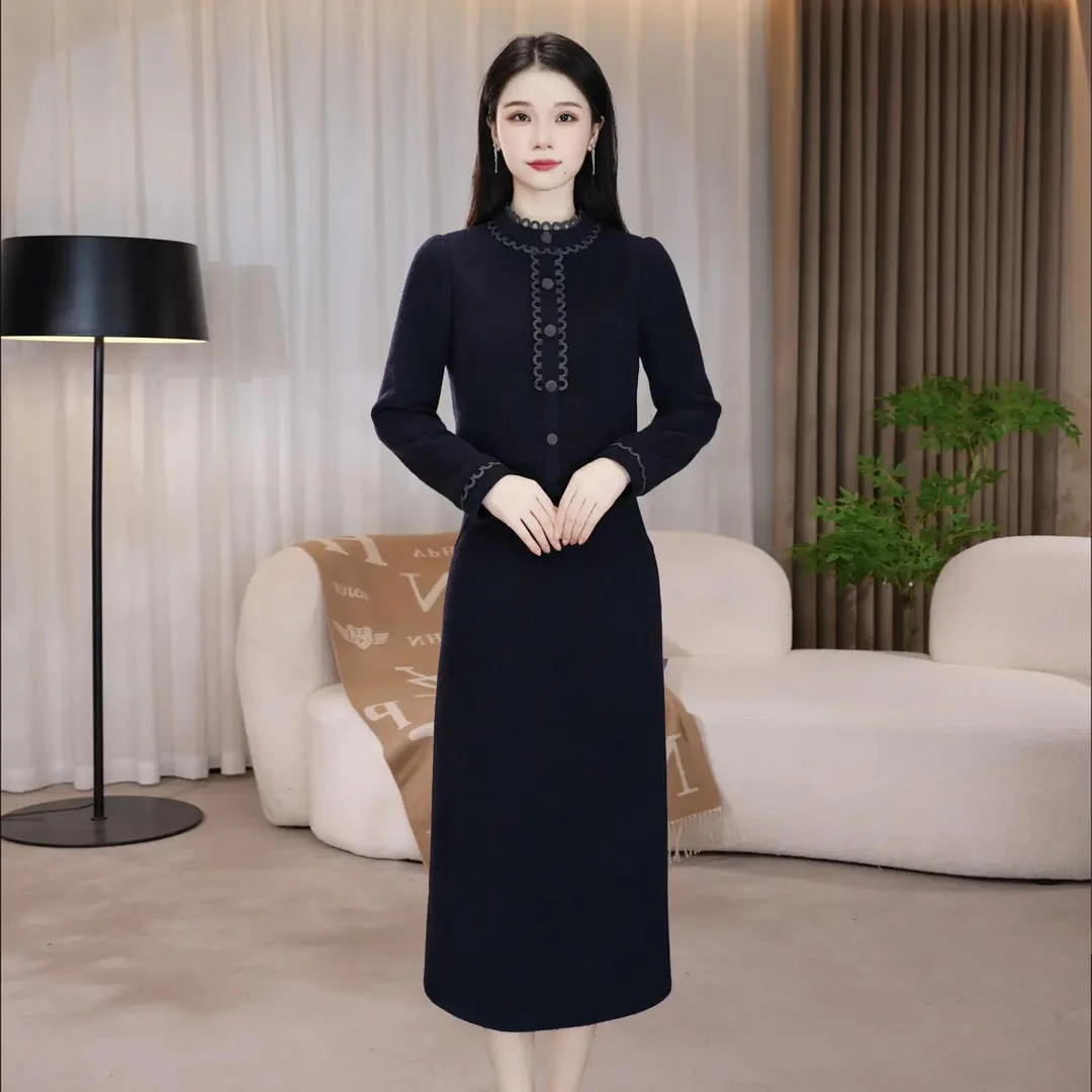 沐沐衣品春秋气质长袖显瘦时尚打底中长款修身秋冬气质长袖连衣裙