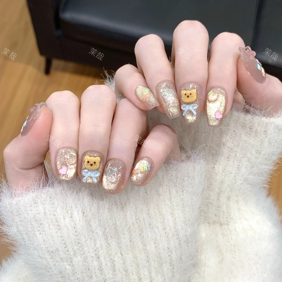 茉哉清现货【黄油小熊】纯手工定制美甲可拆卸穿戴甲A3891