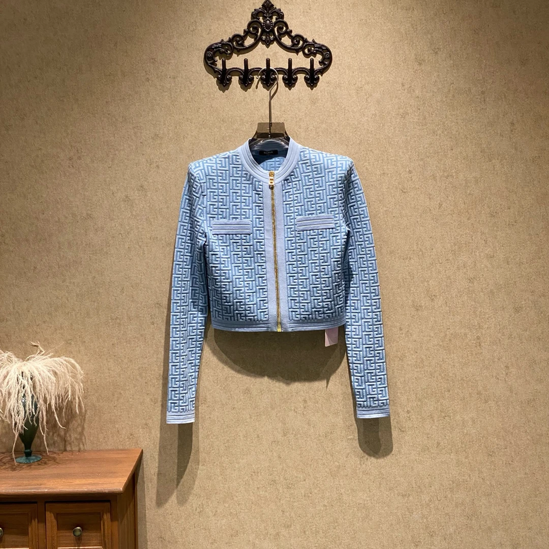 99新 BALMAIN/巴尔曼 雾霾蓝老花针织拉链开衫/36码/39742