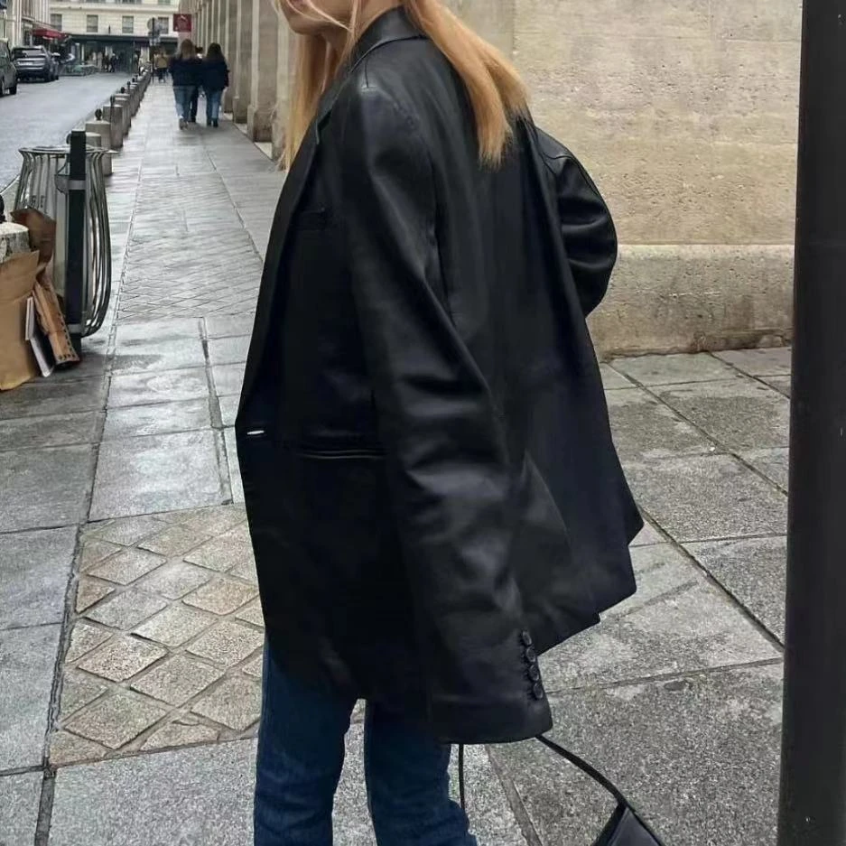 徐秋阳  加州街头 春季新款中长款外套黑色休闲百搭皮衣6595