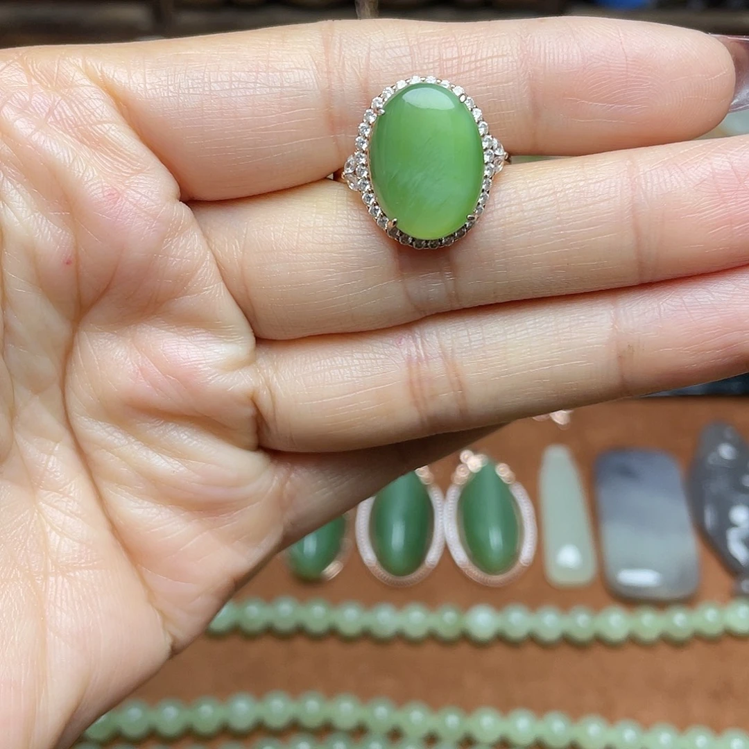 和田玉（碧玉）银S925镶嵌吊坠(不含链)戒指