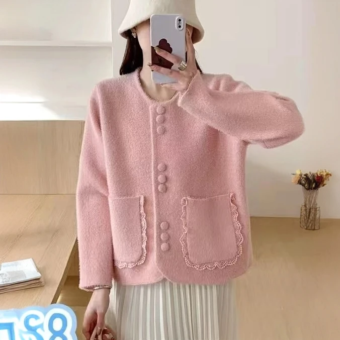 【退运补】法式高级感排扣仿水貂绒毛衣开衫外套女秋冬2025新款上衣