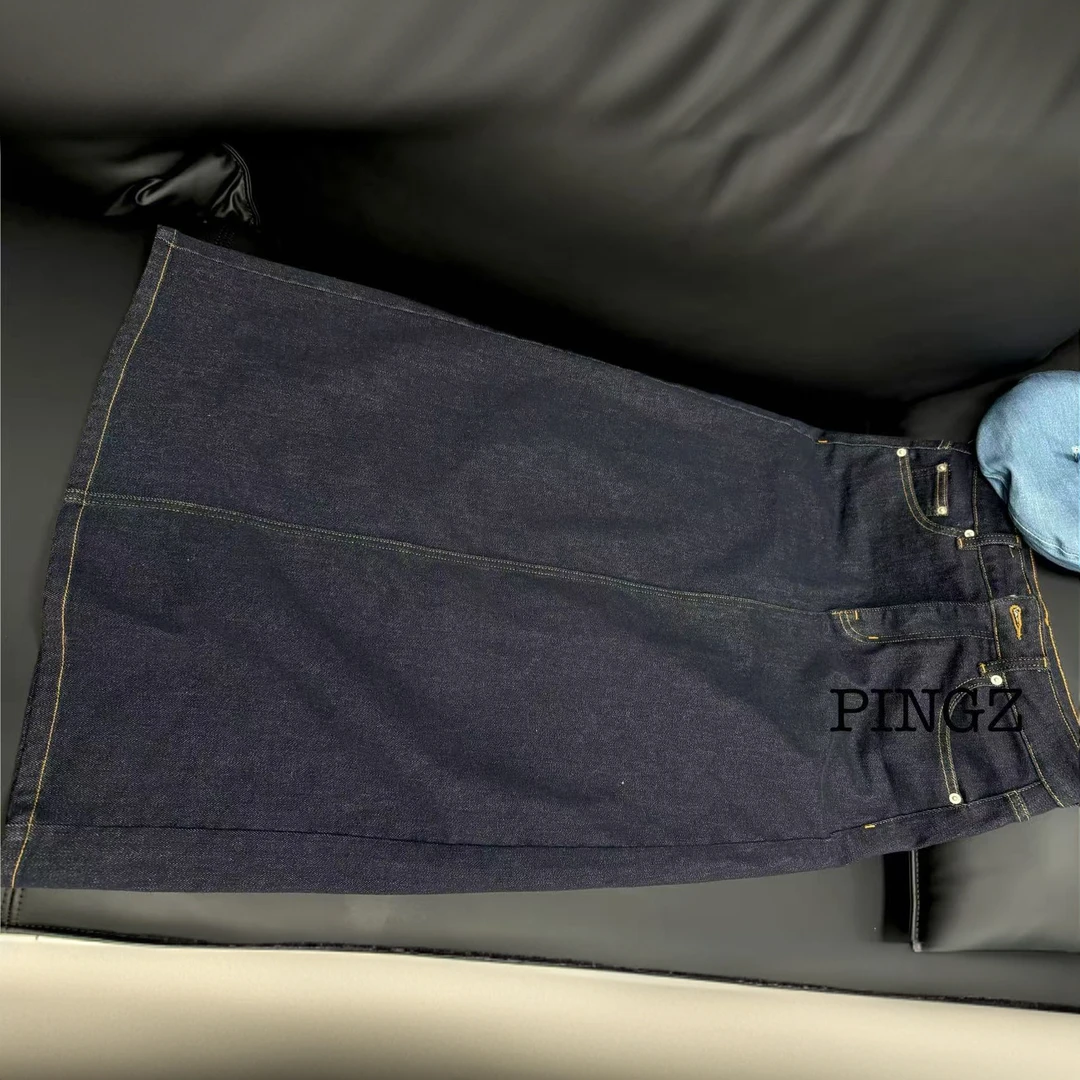 大萍子家 高腰显瘦牛仔半身裙中长款复古开叉a字裙0949