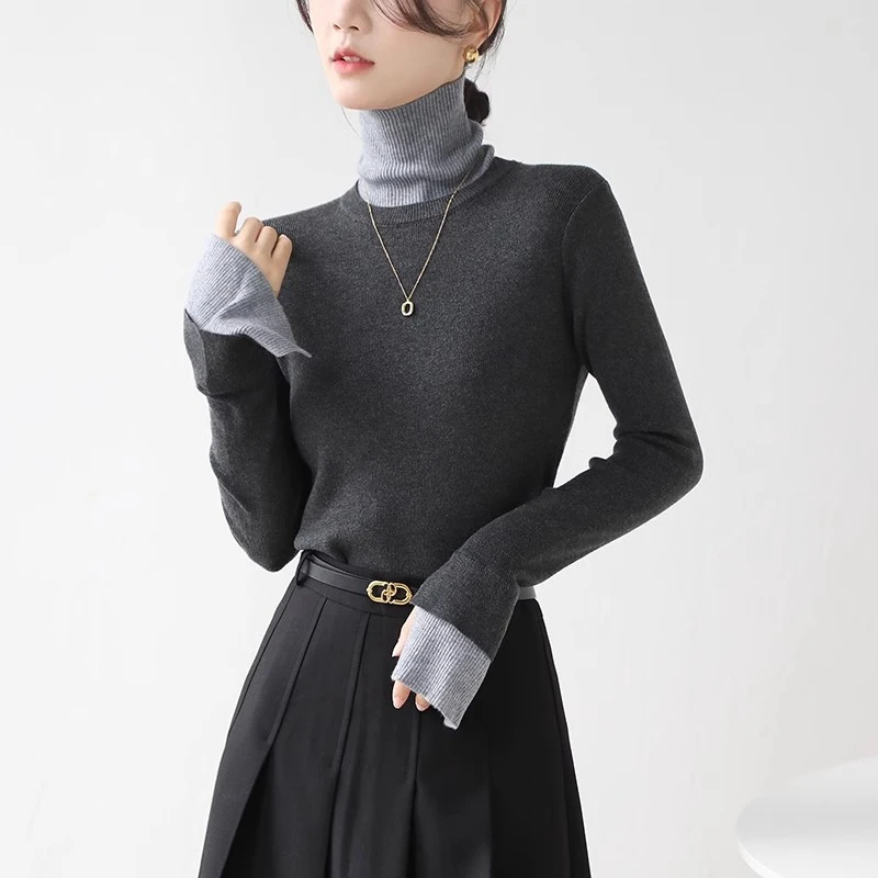 小众设计感拼色高领针织衫女秋冬灰色假两件喇叭袖修身内搭打底衫