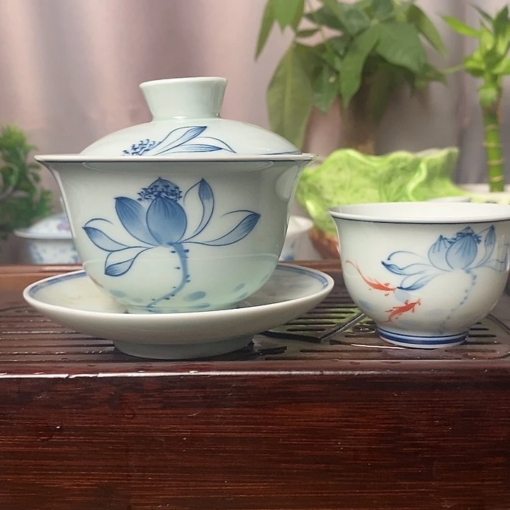 160ml手绘荷花盖碗送主人杯