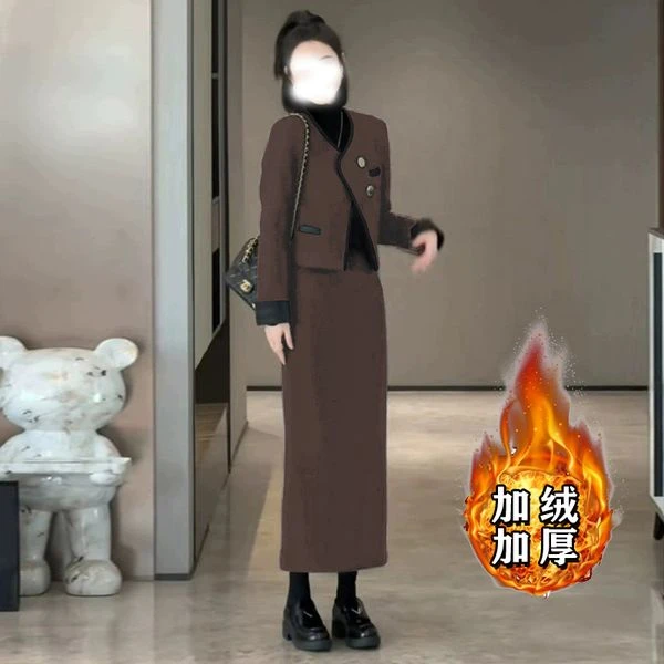【木子】【加绒加厚】【两件套】小香显瘦外套半身裙子女装套装6390