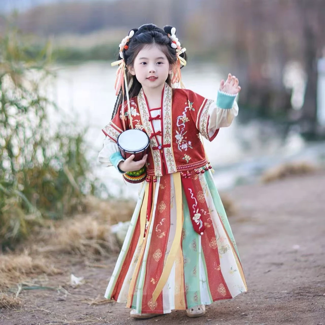 童韵古风汉服女童春秋超仙中国风套装百褶裙2025小女孩唐装连衣裙