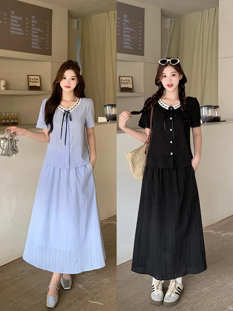 Q2025夏装新款胖mm大码女韩系甜美立体蝴蝶结小衫半身裙套装22124