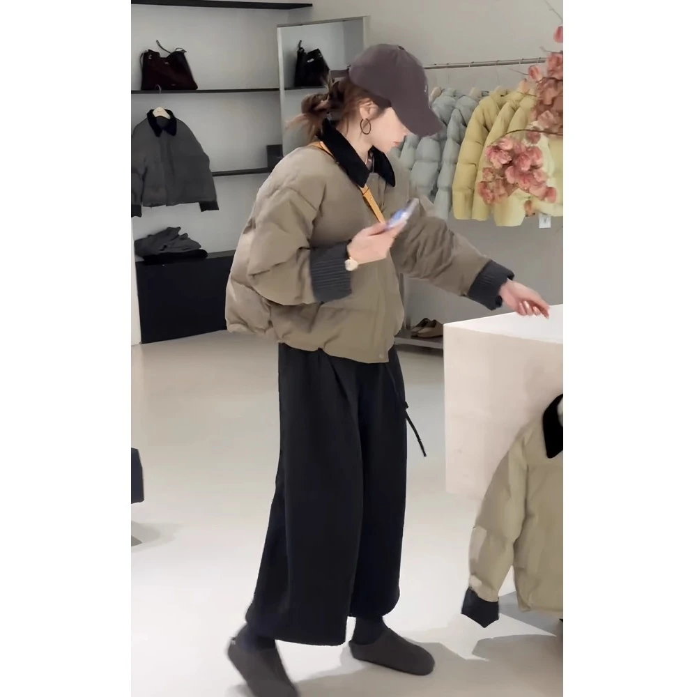 韩系一整套深冬穿搭设计感气质加厚棉服外套百搭九分阔腿裤两件套