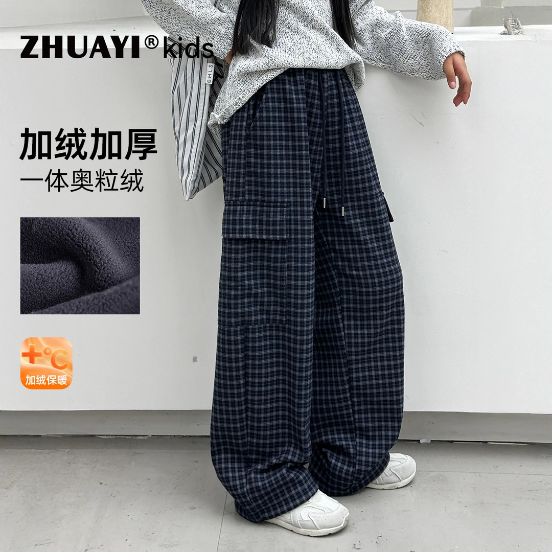 女童秋冬加绒休闲裤2025新款儿童保暖格子工装裤冬款（25409335）5