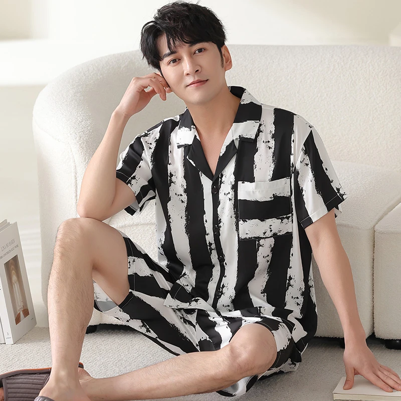 夏季新款冰丝男士睡衣网红短裤薄款大码夏天学生青少年家居服套装