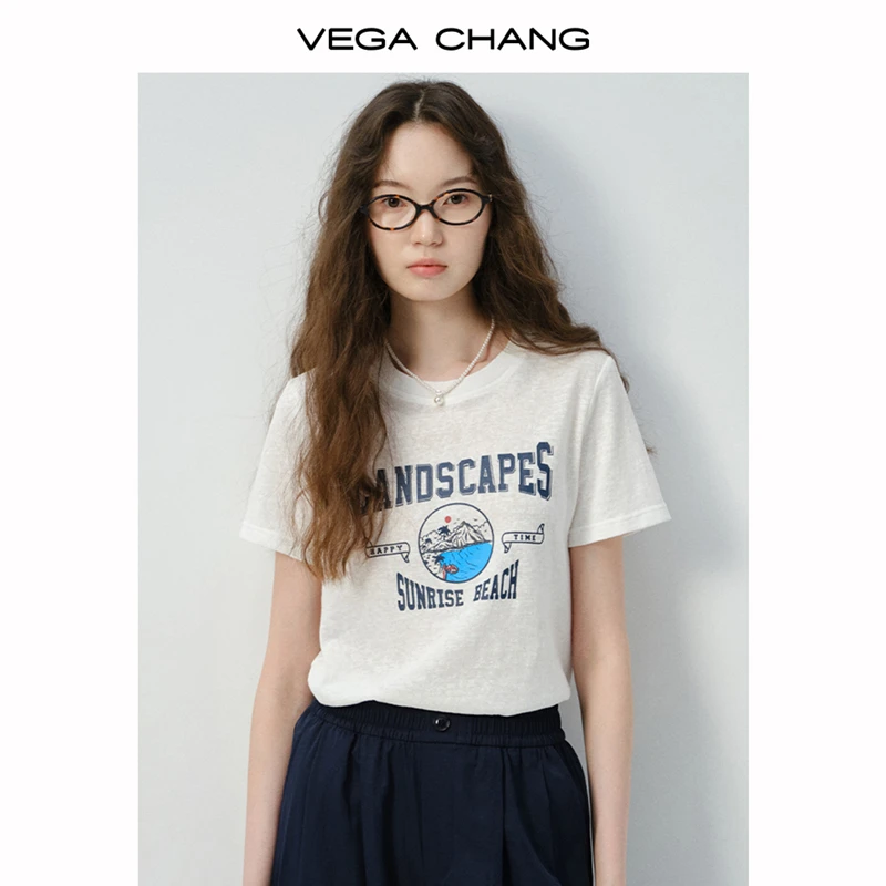 VEGA CHANG短袖t恤女2025年新款夏季风景印花简约休闲上衣0281SQ