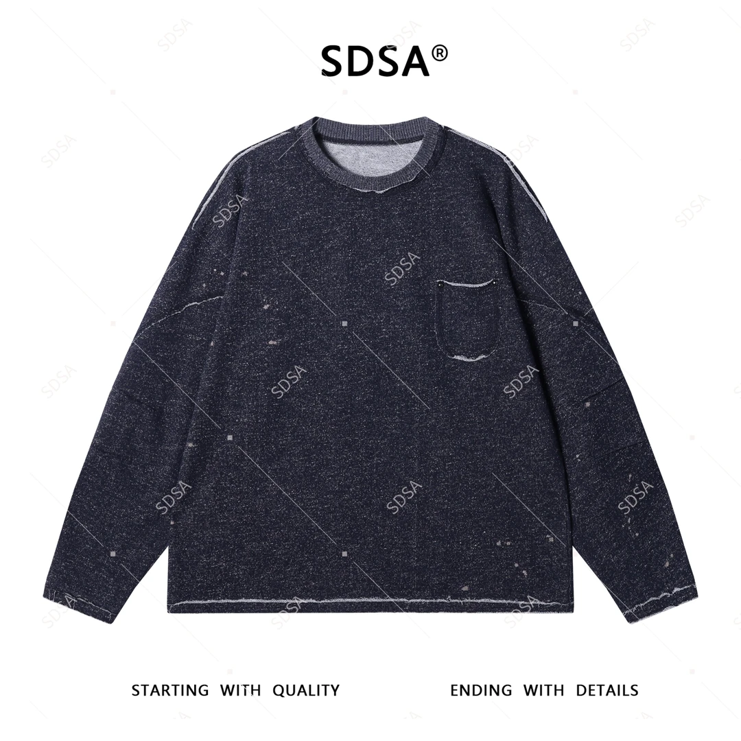 SDSA男士秋冬新款轻奢痞帅男装简约扎染褶皱解构圆领长袖T恤潮牌