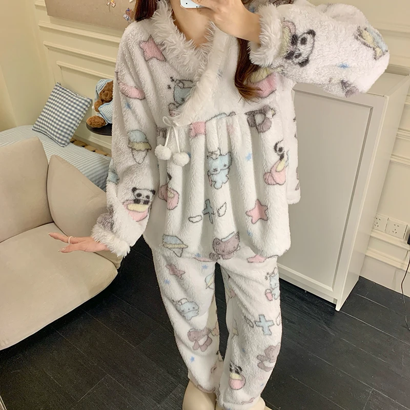 奶fufu加绒珊瑚绒睡衣女秋冬季新款加厚保暖可爱公主风家居服套装