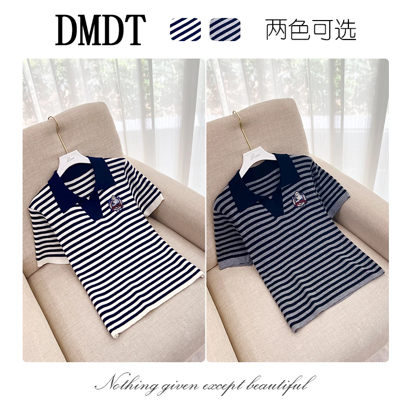 【DMDT服饰】2025新品 “新肌感”翻领条纹刺绣徽章显瘦女针织衫M7141