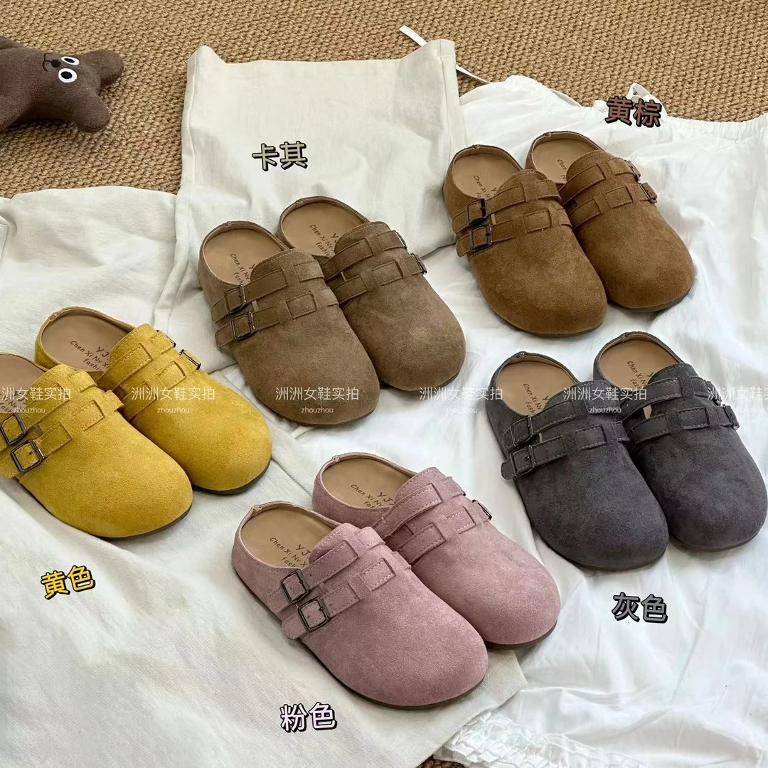 内增高~复古包头半拖鞋女一脚蹬春季森女风时尚百搭懒人拖勃肯