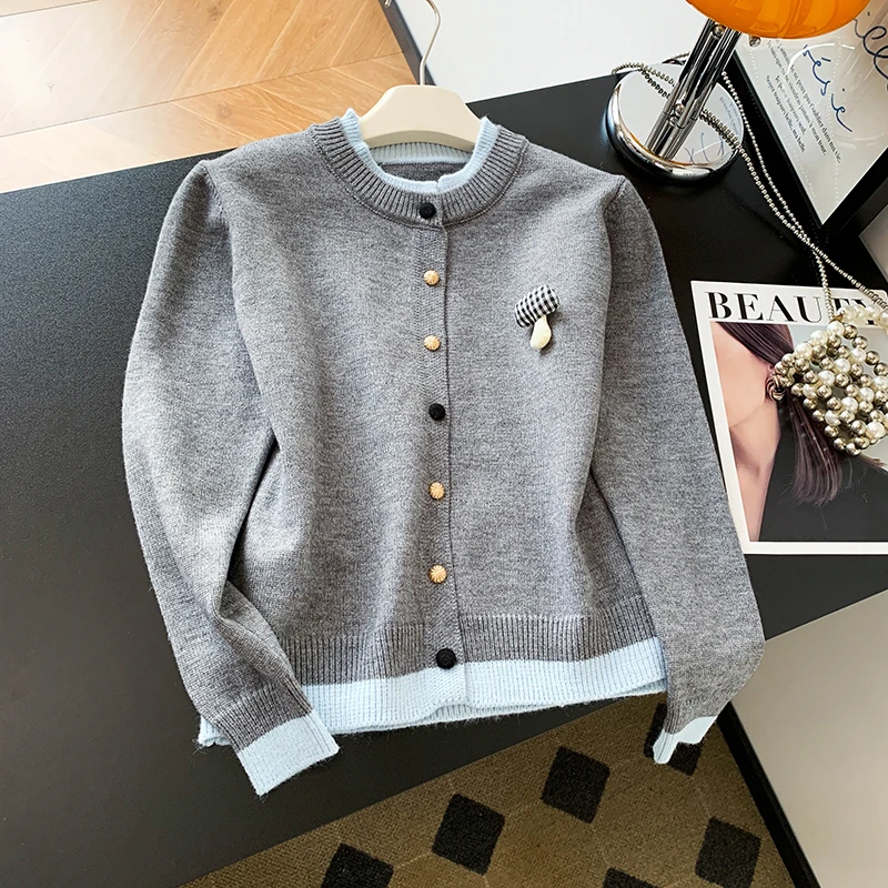 小个子韩系假两件撞色针织开衫女秋季新款慵懒百搭毛衣外套长袖女