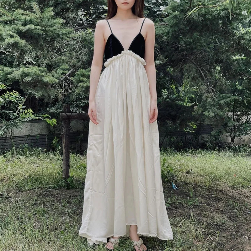 三色暗黑清冷感黑白拼接裹胸吊带低胸连衣裙