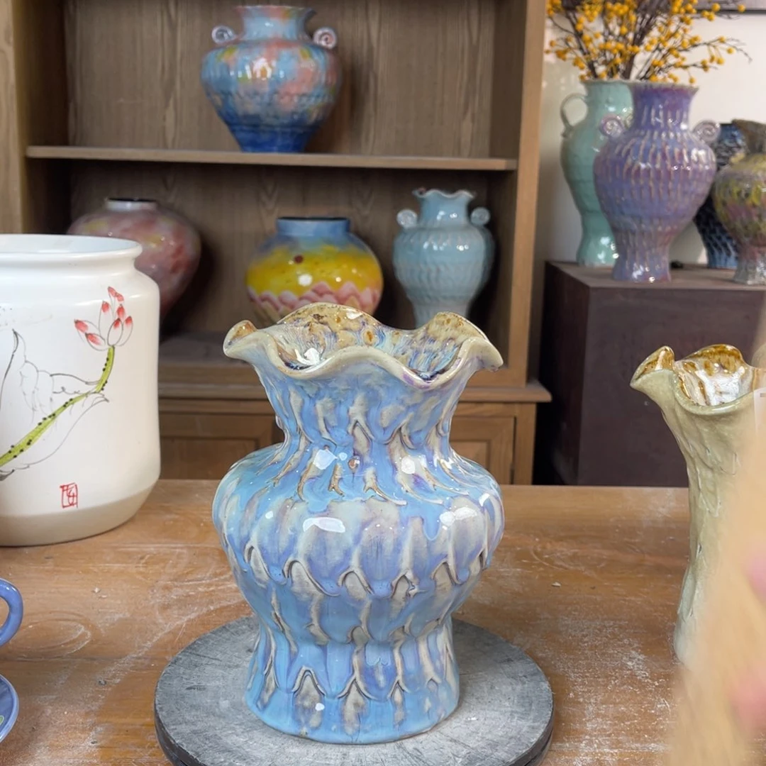 摆件陶瓷花瓶高19.5口径7盘泥微瑕