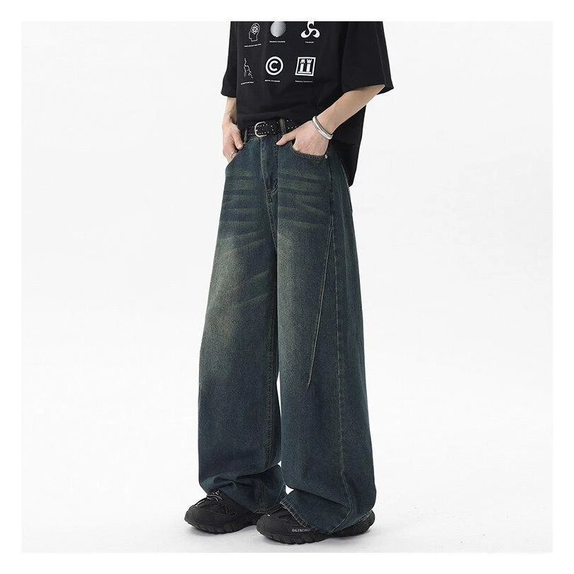 美式街头水洗做旧破洞牛仔裤男春秋直筒宽松欧美高街vibe风长裤子