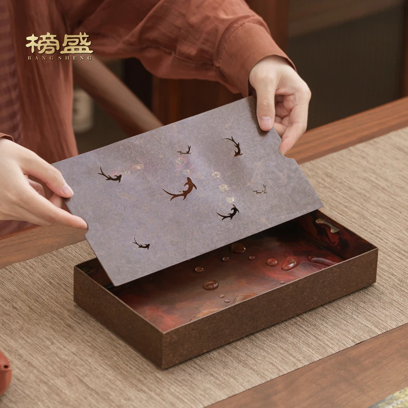 榜盛手工纯紫铜茶盘家用储水干泡台复古高端茶具托盘小型茶台