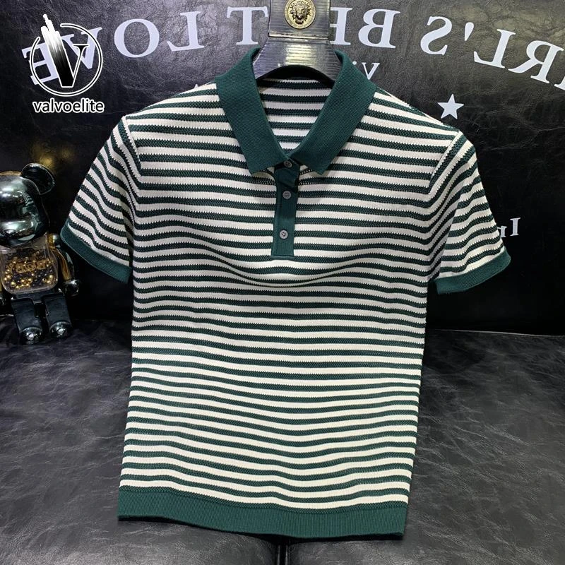 VALVOELITE简约撞色条纹针织衫夏季薄款男士舒适休闲短袖体恤高端