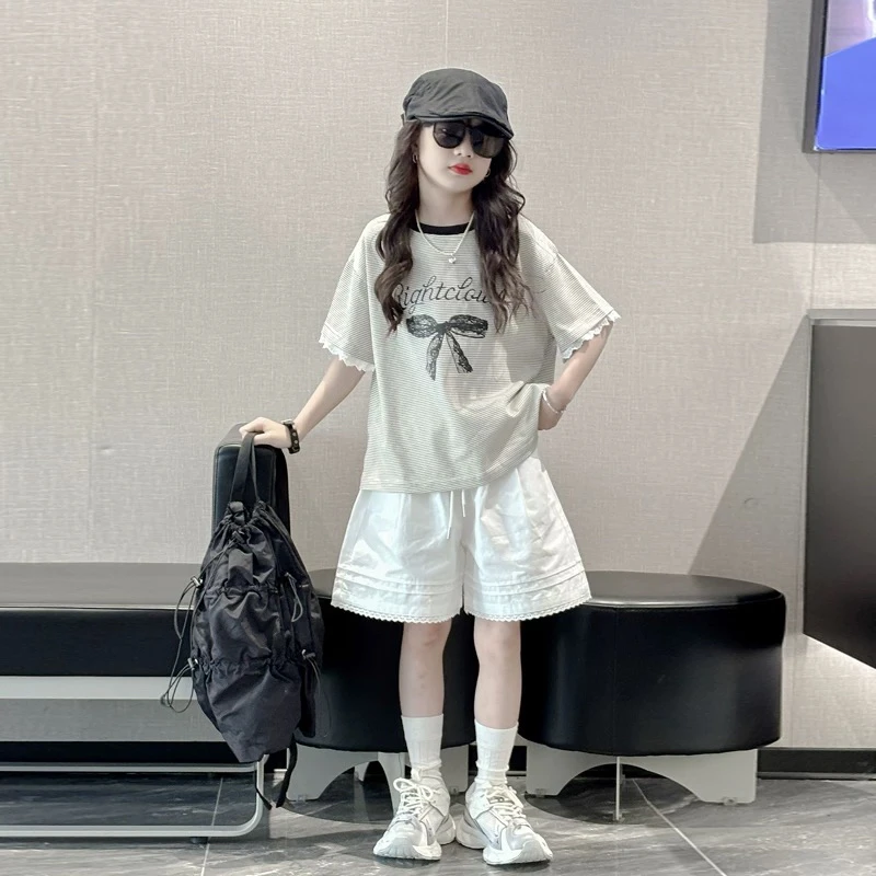 女童夏装爆款条纹蝴蝶结印花T恤短裤套装中大童女孩洋气运动穿搭