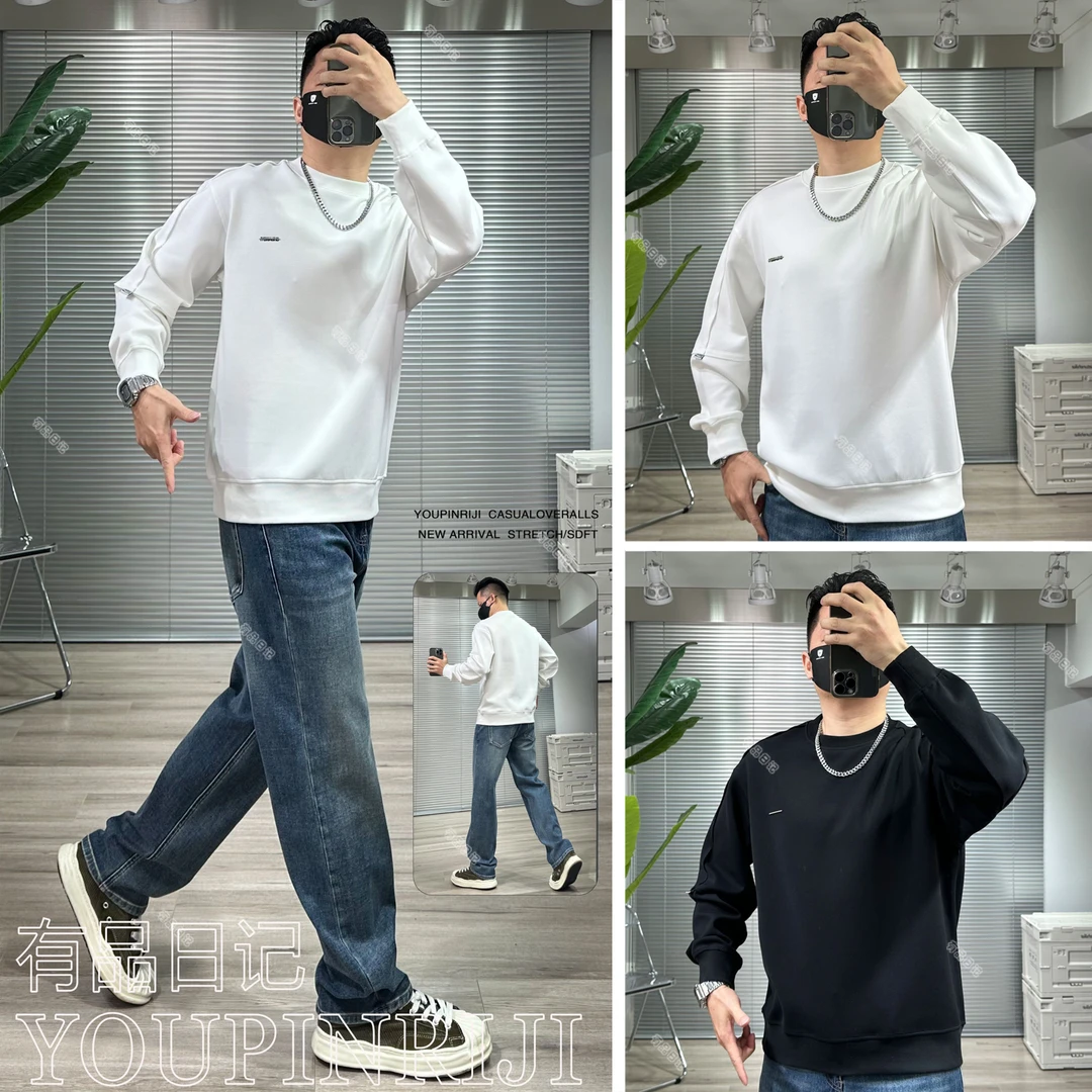 新款美式潮牌拼接卫衣宽松版重磅弹力空气棉纯色长袖男爆款16