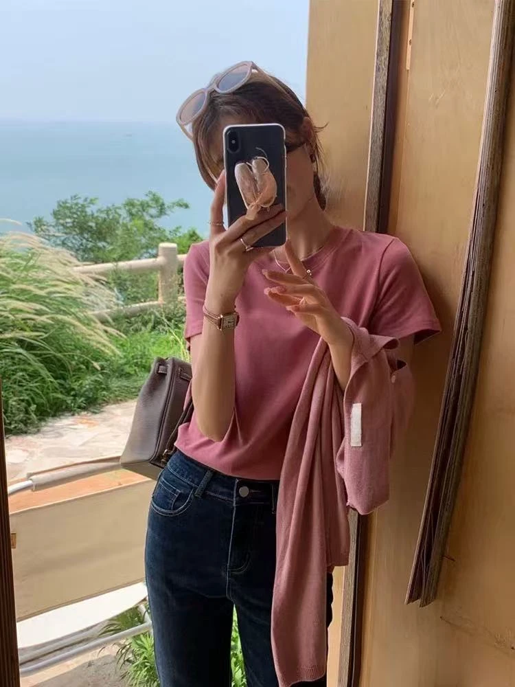 正肩女士t恤短袖夏季新款圆领叠穿打底小衫修身显瘦气质时尚上衣