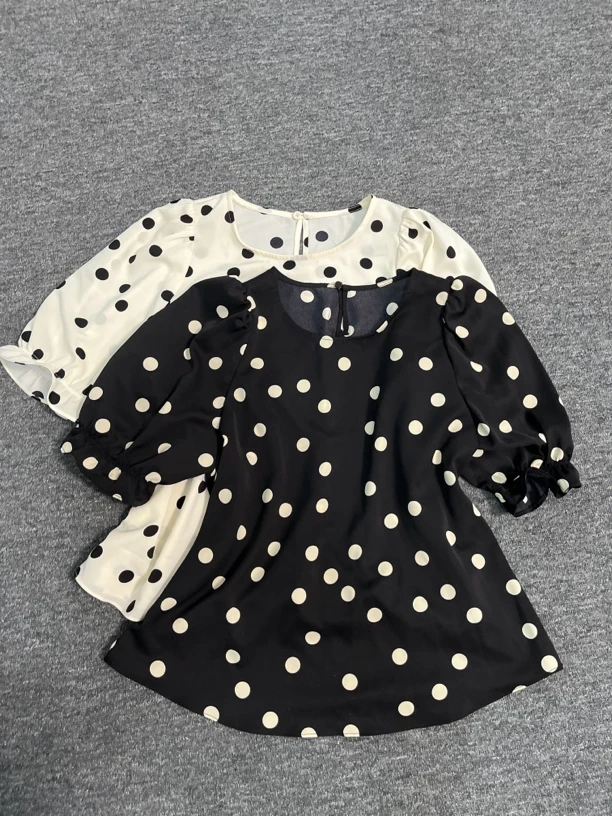 【优雅永恒】缎面波点灯笼袖衬衫女士圆领休闲短袖衬衣