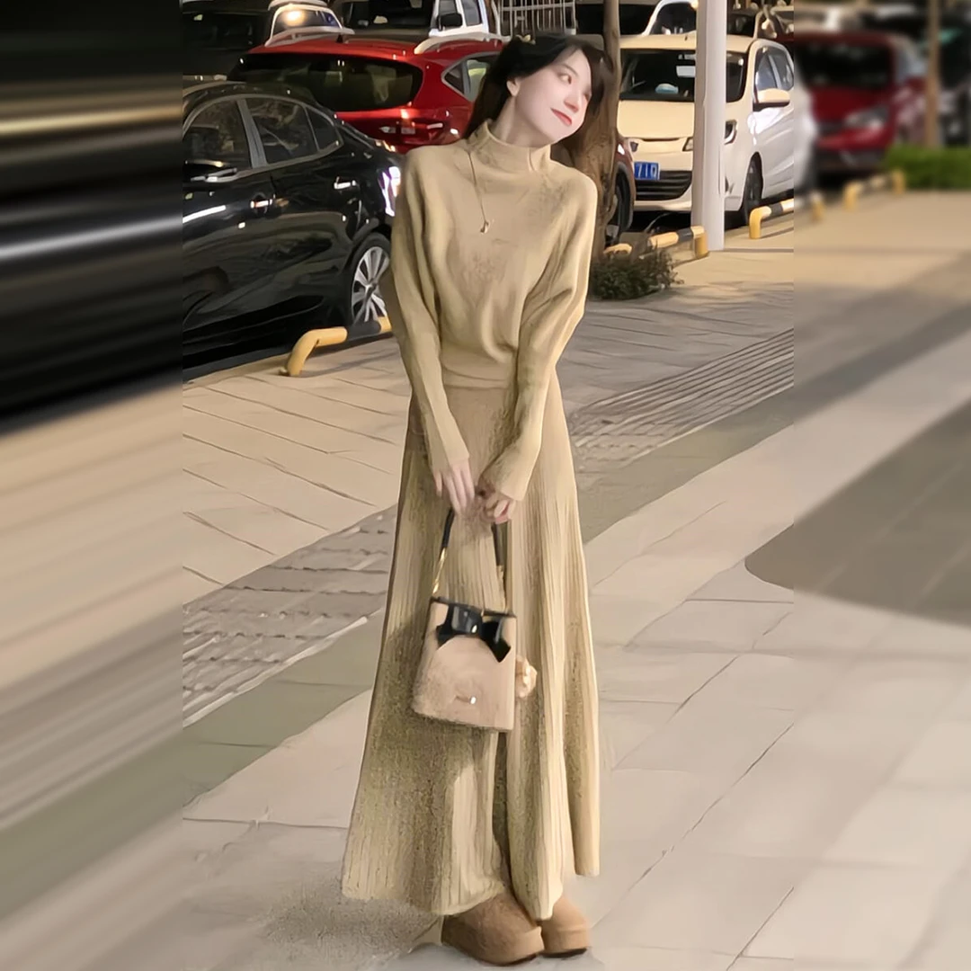 气质半高领毛衣针织连衣裙女秋冬季2026新款韩系穿搭一整套装长裙