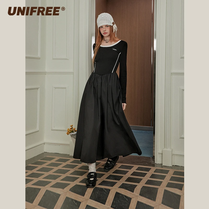 unifree【25年春】黑色运动长袖连衣裙新款撞色收腰露背长裙