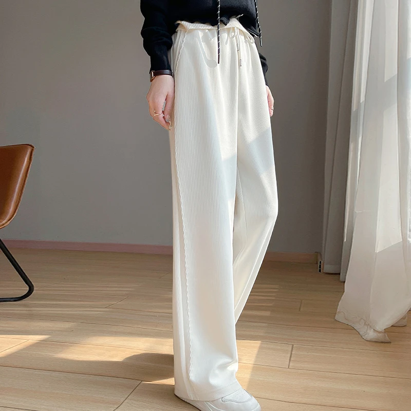 高腰休闲裤胖mm高腰垂感阔腿裤显瘦垂感长裤白色春秋宽松