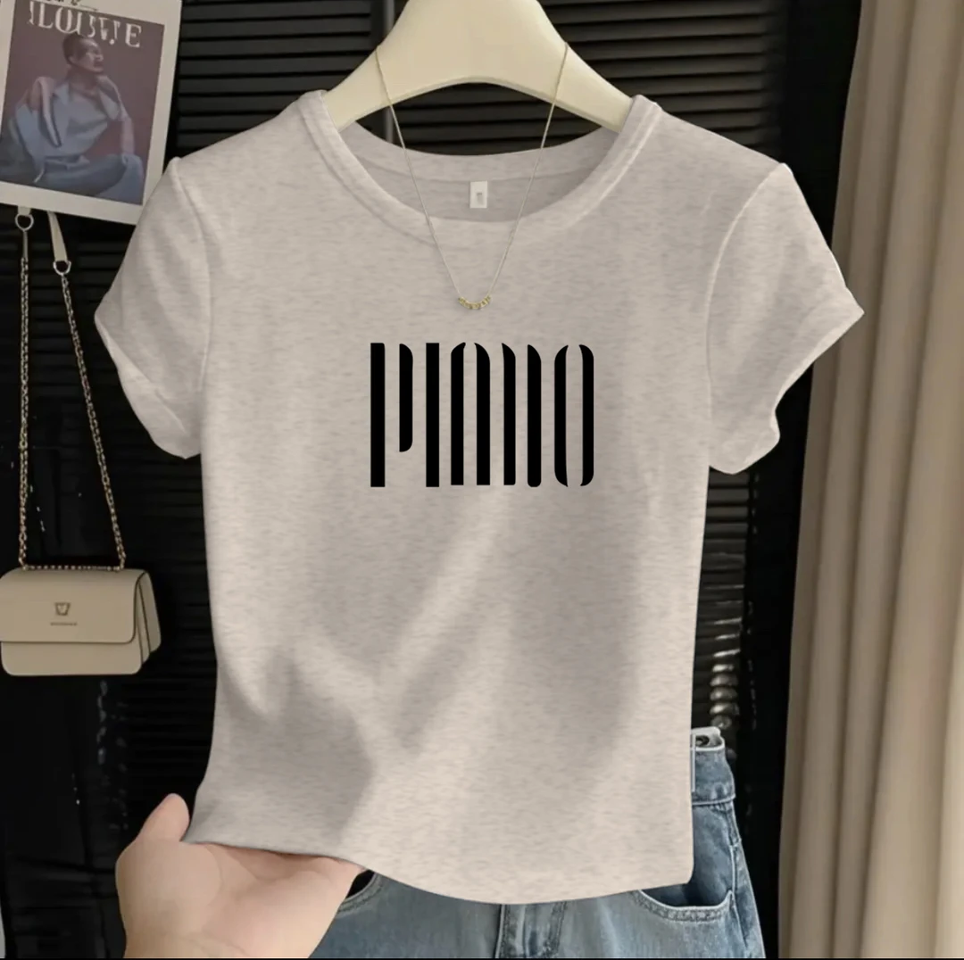 正肩棉质圆领短袖t恤女时尚百搭洋气减龄浅花灰色上衣打底衫夏季