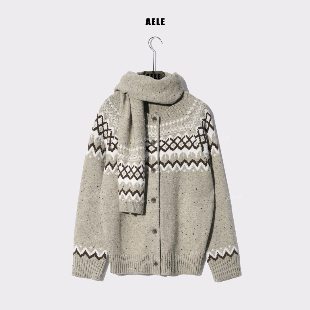AELE【费尔岛】宽松休闲复古印花围脖针织开衫毛衣上衣X853 2380 AD