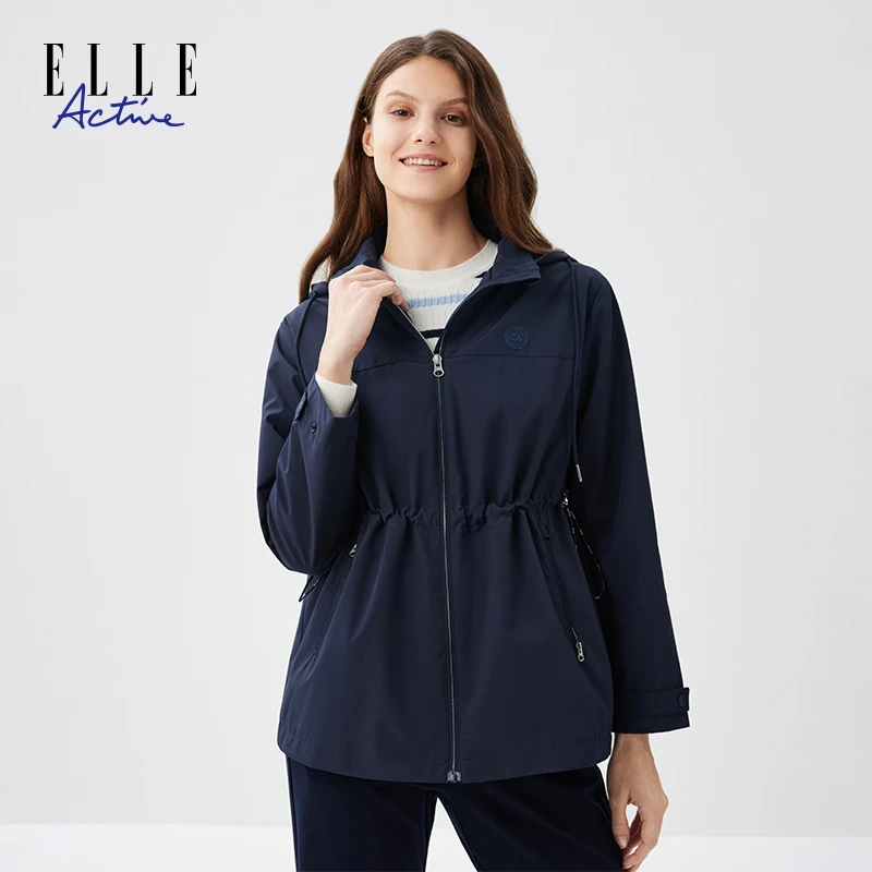 ELLE Active经典连帽时尚保暖风衣夹克户外女士休闲收腰防风外套
