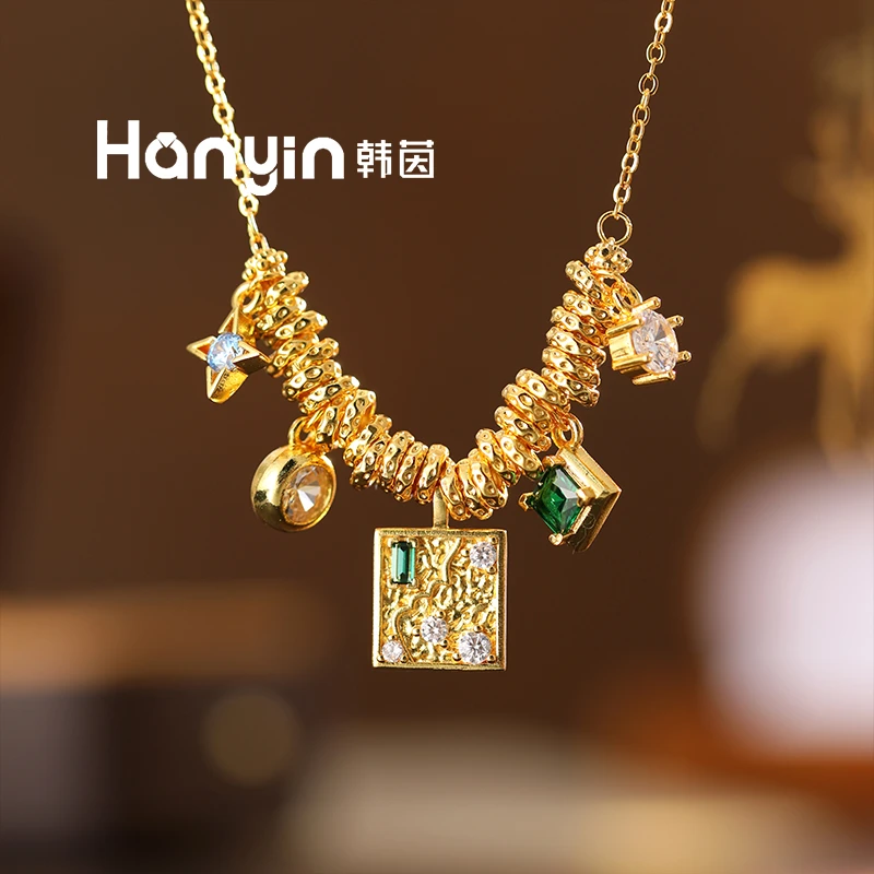 铜合金项链 国风重工盘缠芒星泡泡微镶方块多宝项链时尚气质