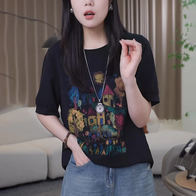 2025夏季新款女黑色短袖T恤宽松时尚减龄显瘦设计感印花体恤上衣