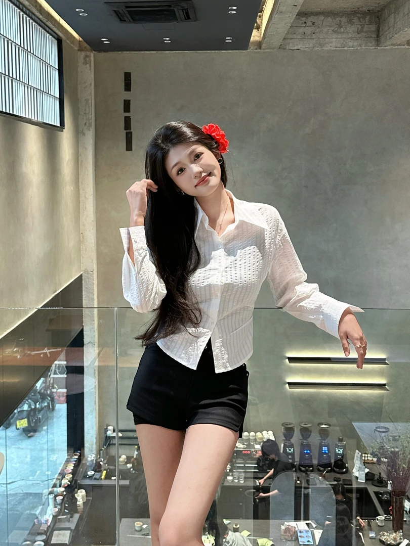 韩系肌理感POLO领长袖小蛮腰春款简约显瘦时尚小众设计感SY004