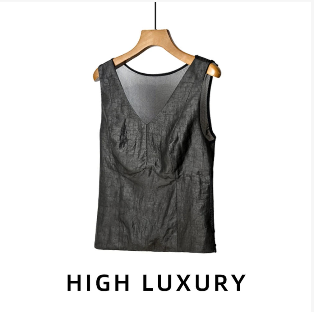 【非遗香云纱】桑蚕丝真丝后背网纱背心（230654）