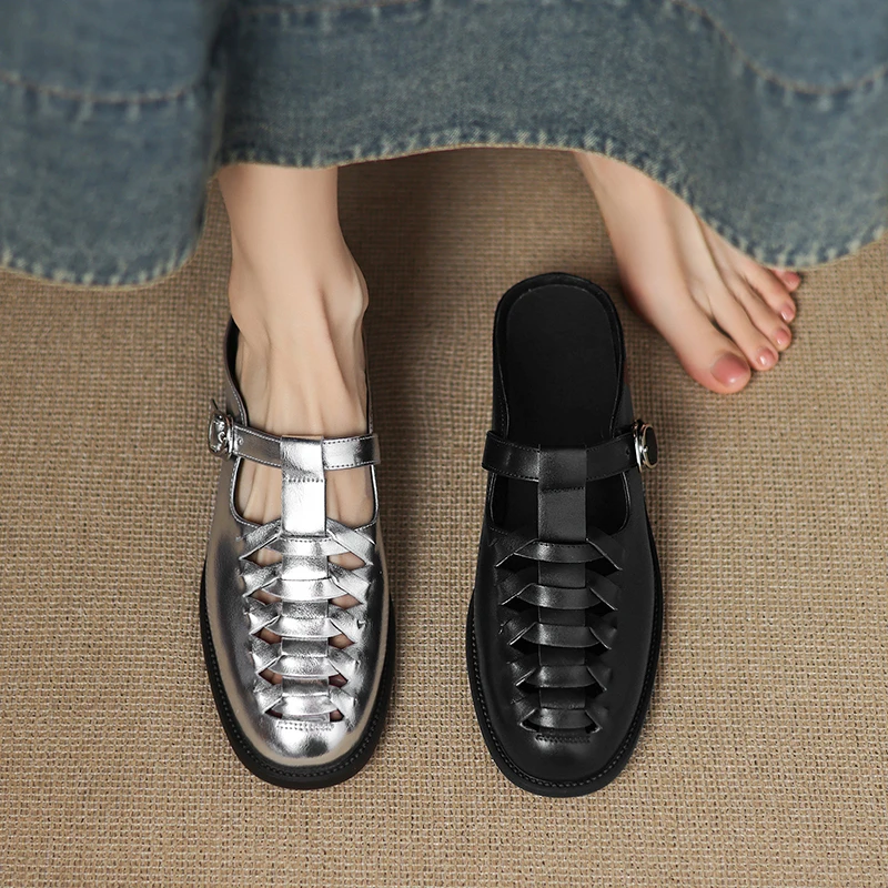 2.5cm|银色编织丁字扣包头半拖鞋女夏外穿2025新款超火绝美凉拖鞋