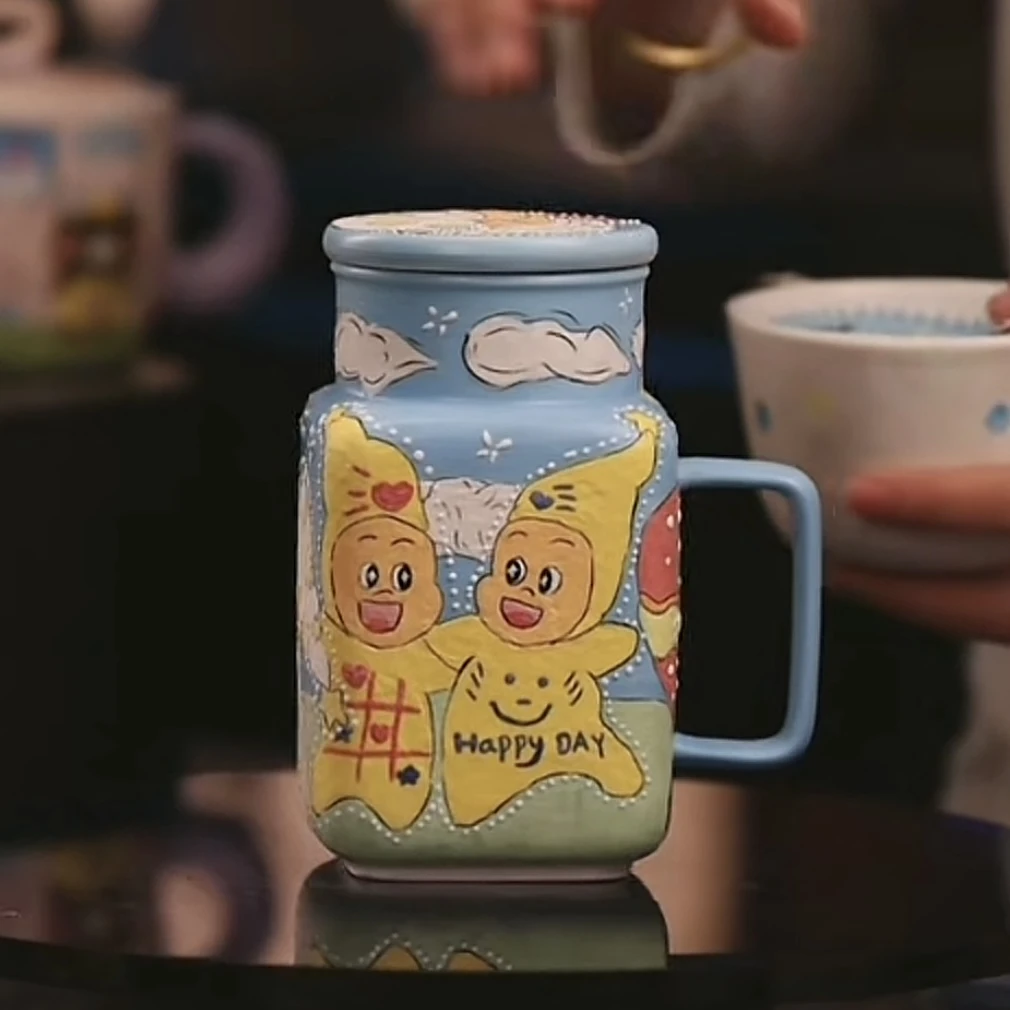030蓝色手拉手星星人陶瓷带盖水杯