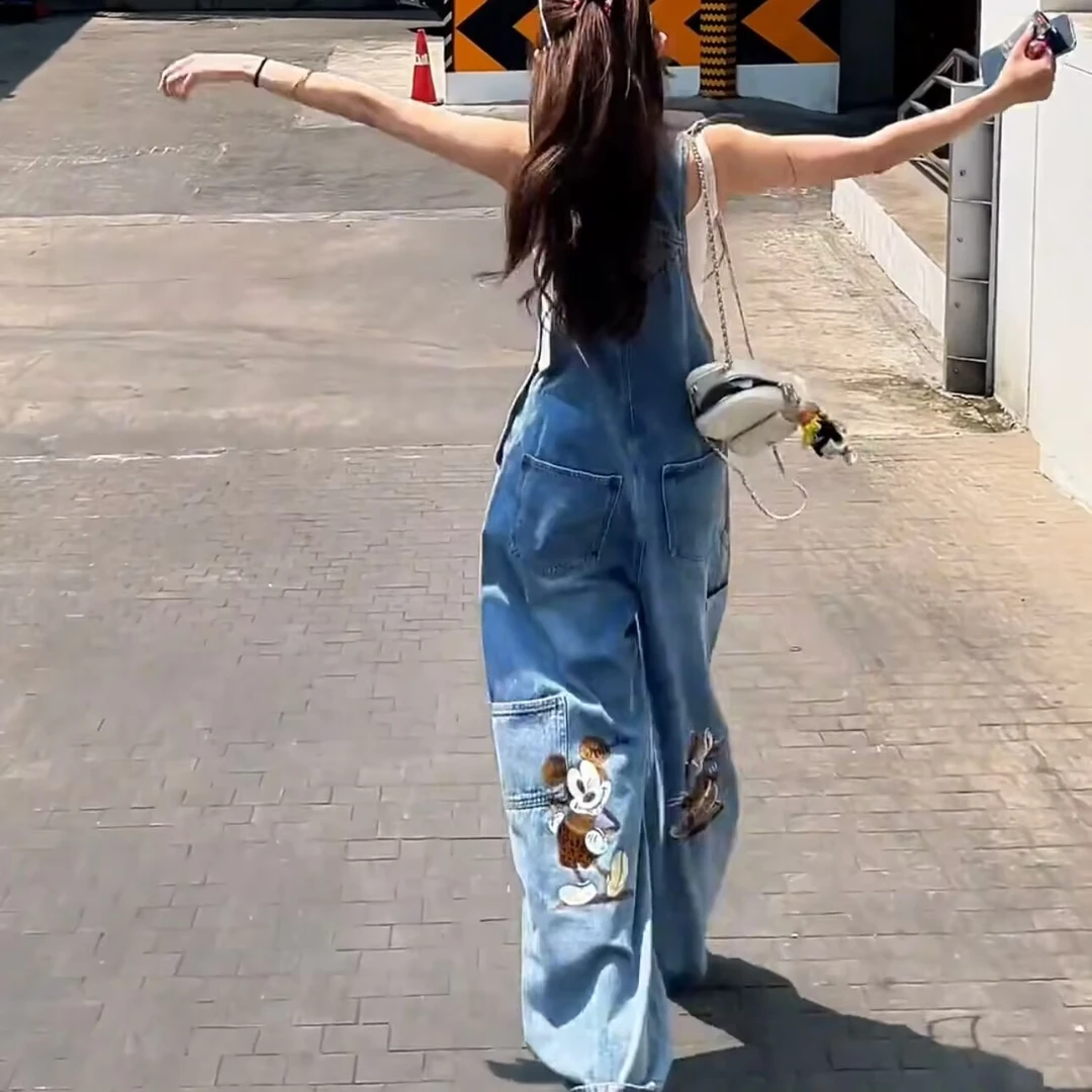 美式印花水洗高腰牛仔背带裤女2025年夏季复古卡通直筒阔腿连体裤