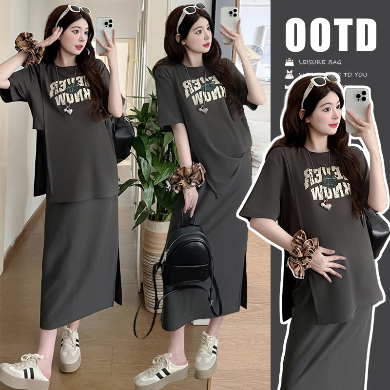 孕妇夏季时尚百搭套装女休闲宽松印花开叉上衣半身裙两件套外穿