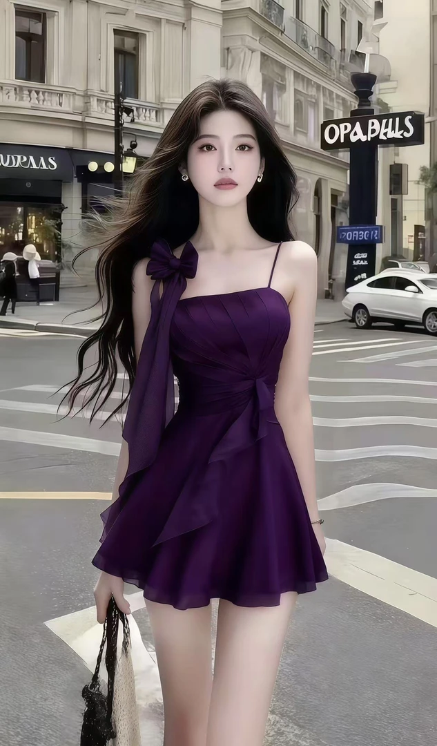 优雅轻奢气质显瘦紫色一字肩吊带收腰小众连衣裙女时尚高端氛围感