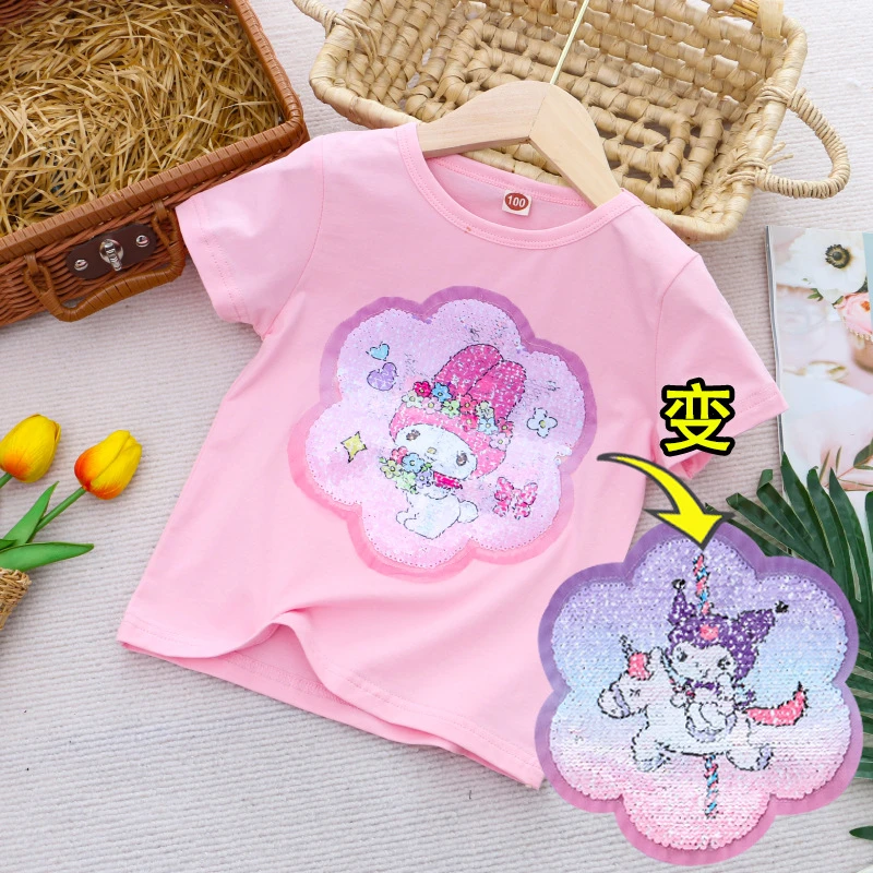中大童女童t恤儿童变色亮片纯棉短袖夏季新款透气衣服