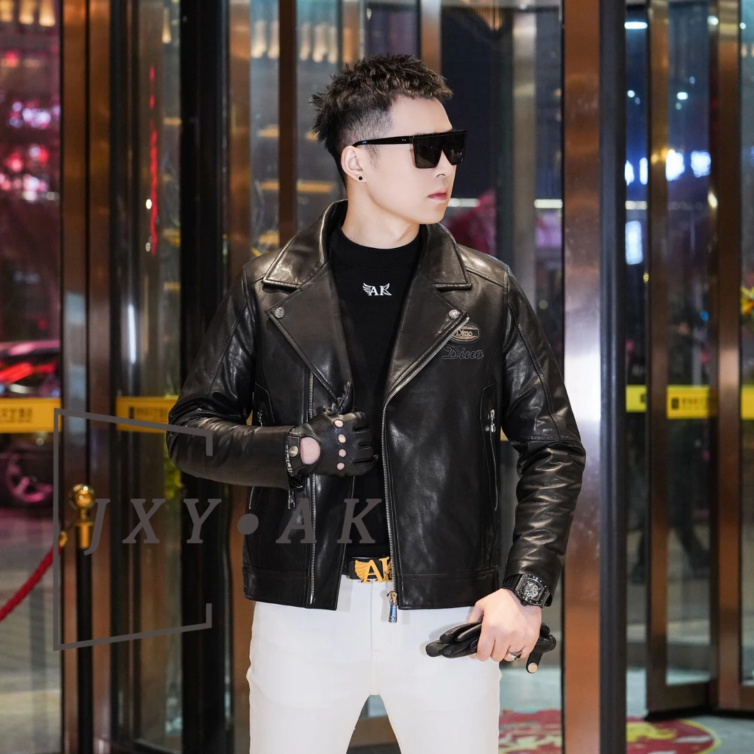 2025冬季新款机车风男士平驳领山羊皮夹克百搭白鹅绒保暖皮衣外套