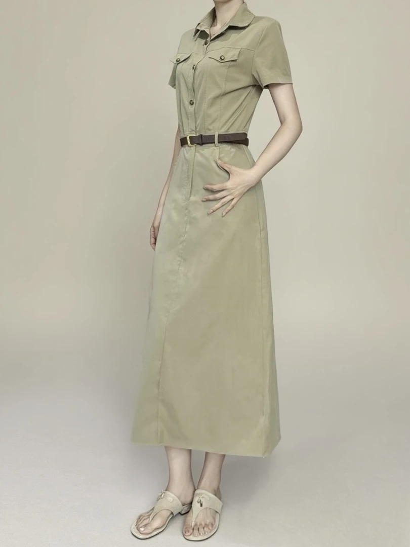 【现】老钱高级感气质时尚Polo领工装裙子收腰显瘦长款连衣裙AM503