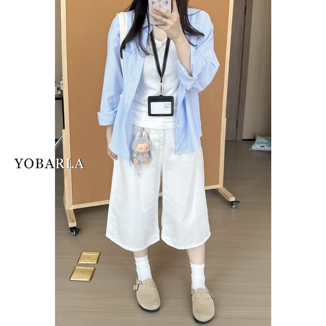 白色阔腿牛仔七分裤女秋冬新款胖mm大码宽松显瘦梨形身材直筒裤子